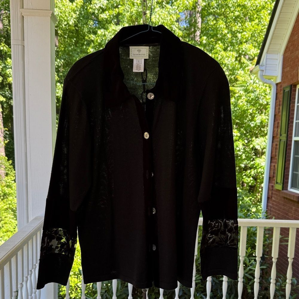 Susan Bristol Black Cardigan with Dark Brown Velvet Collar - L